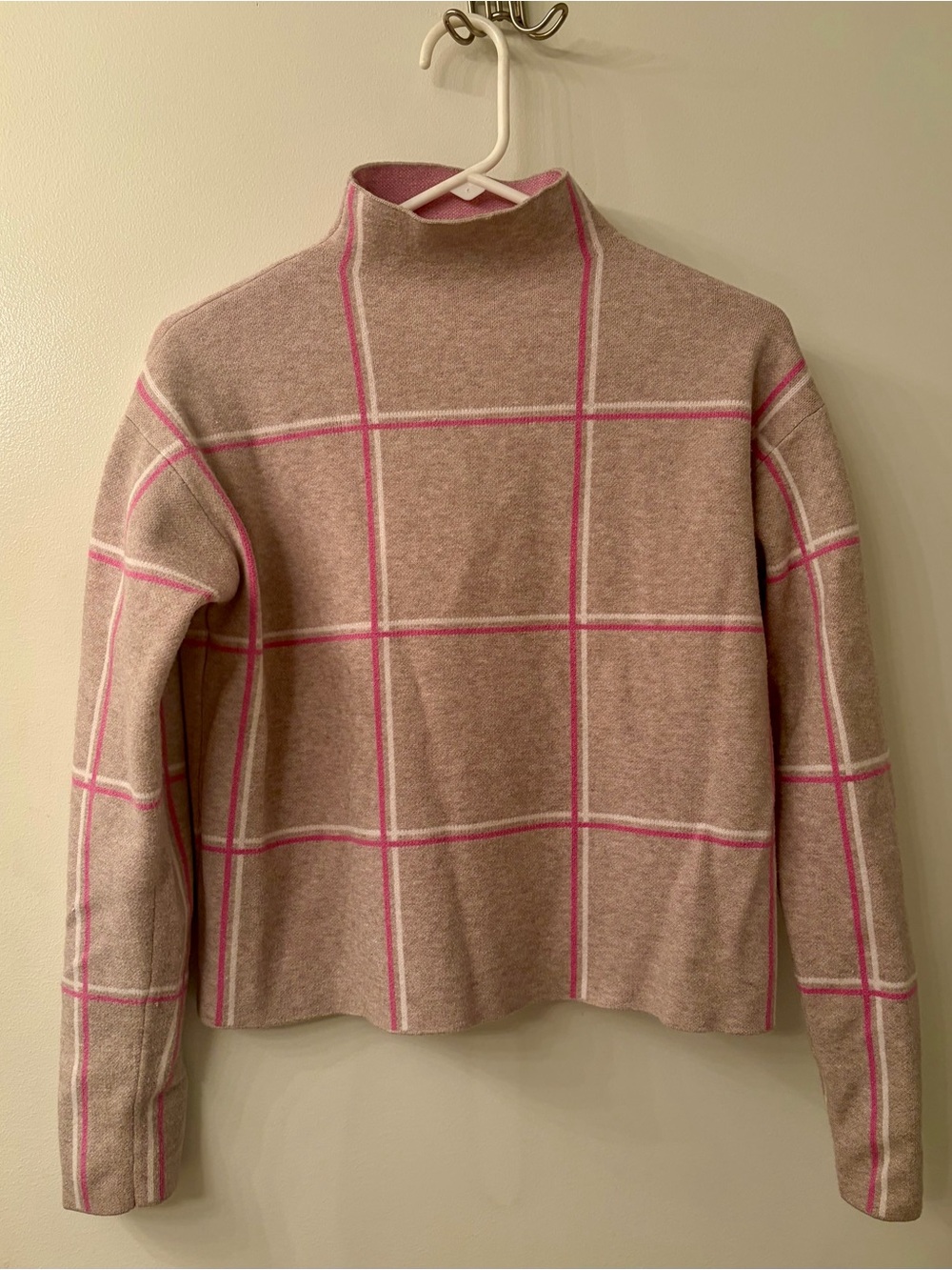 Tahari Taupe and Pink Windowpane Mock Turtleneck Sweater